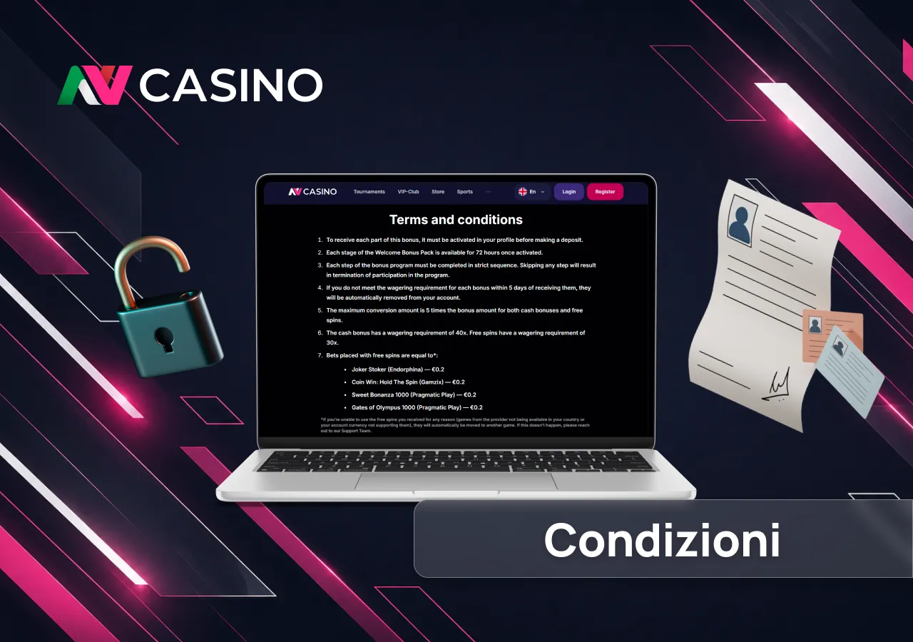 Le condizioni dei bonus specificano requisiti, limiti e modalità necessarie per ottenere i vantaggi.